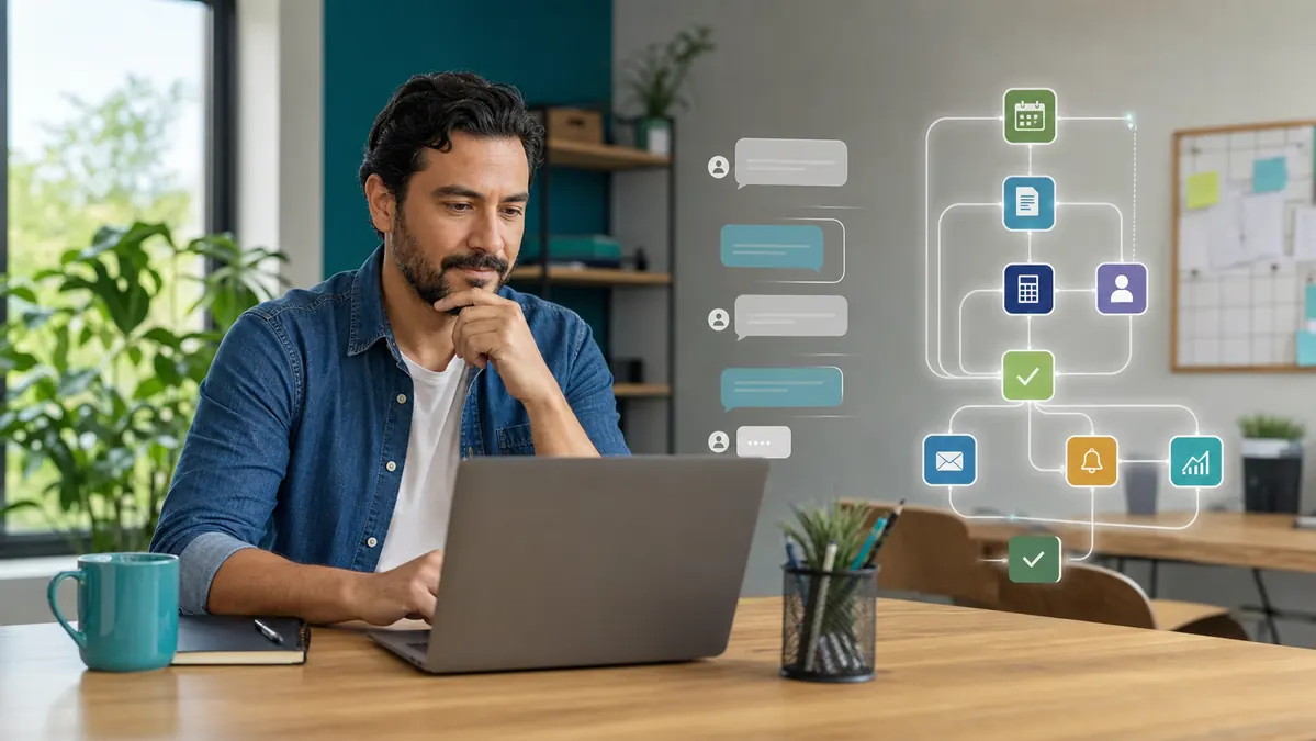 Comparação visual entre um chatbot de atendimento e um agente de IA executando tarefas