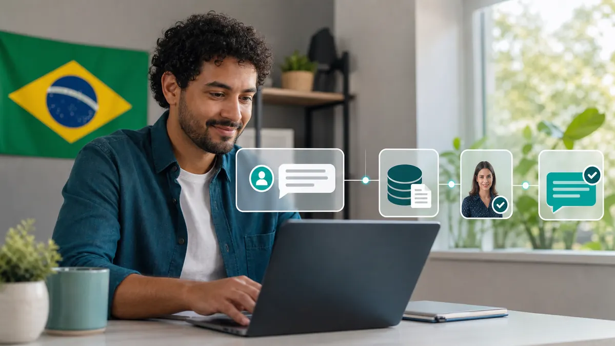 Fluxo de atendimento conectando cliente, agente de IA, base de conhecimento e atendente humano