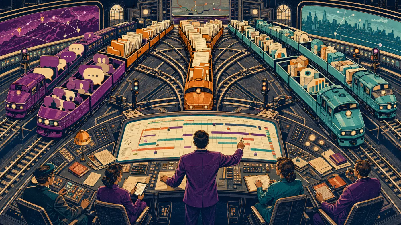 Central ferroviária coordenando trens de tarefas, documentos e conversas em um calendário compartilhado