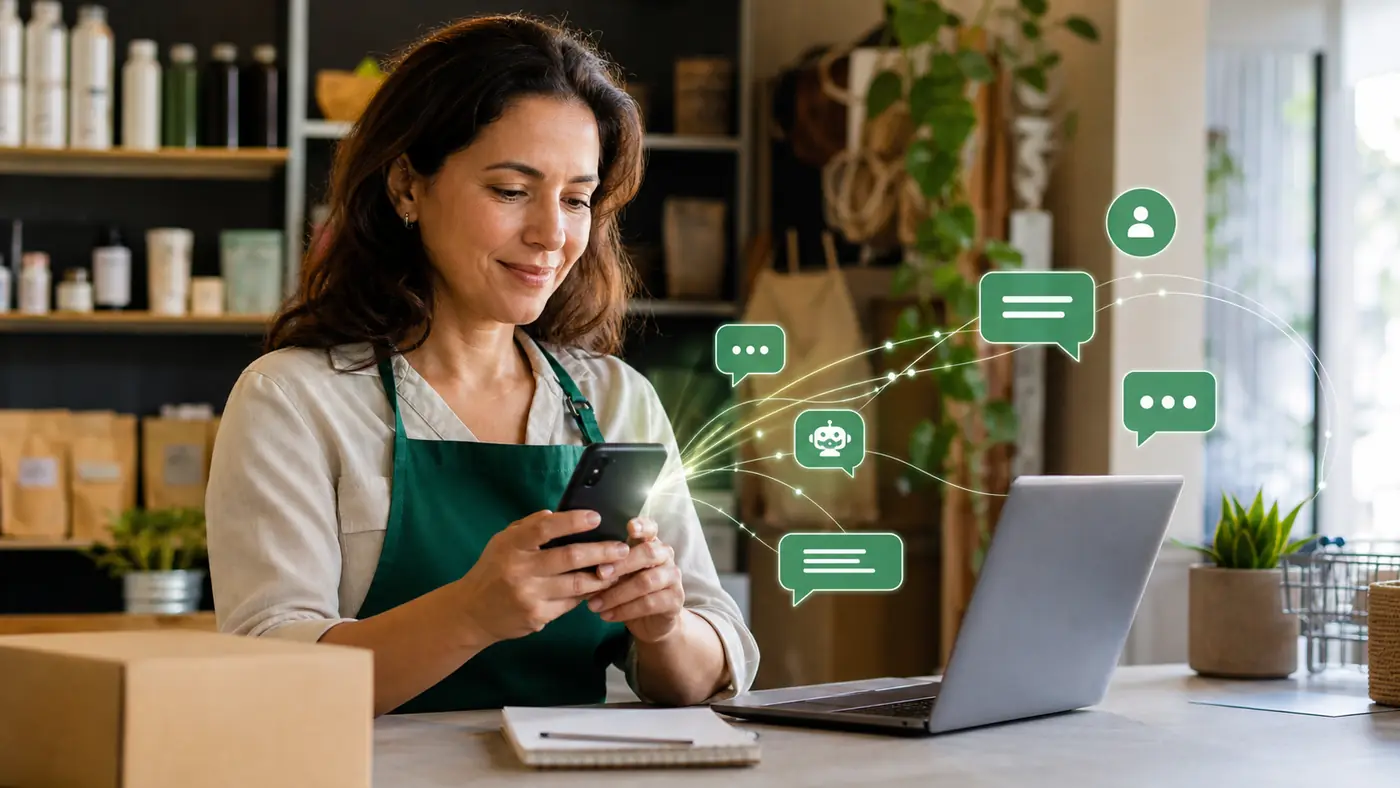 Empreendedora usando celular conectado a um fluxo de atendimento automatizado com IA