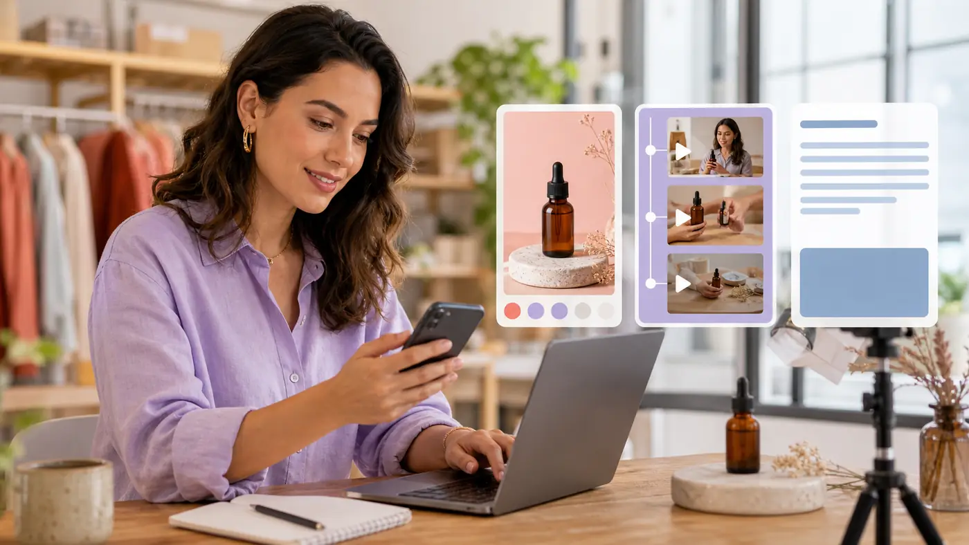 Empreendedora usando IA para planejar fotos, vídeos e legendas para Instagram