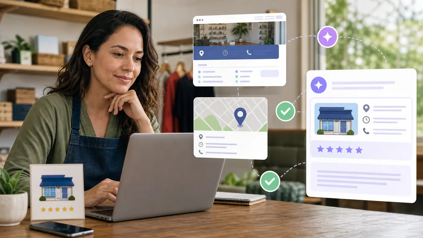 Empresária organizando site, localização e dados comerciais para aparecer em respostas de IA