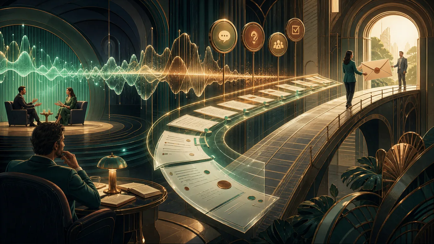 Sala acústica de vendas transformando ondas de uma ligação em transcrição, decisões, próximos passos e um e-mail de follow-up