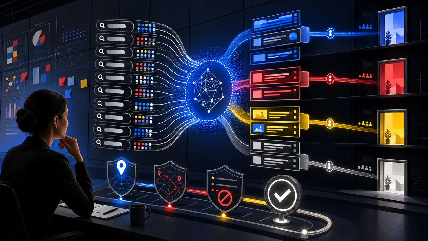 Central de campanhas de pesquisa coordenando consultas, anúncios, páginas de destino e controles de marca com inteligência artificial
