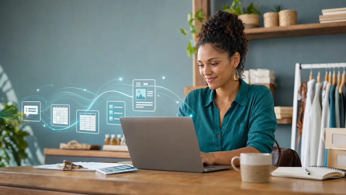 Empreendedora usando inteligência artificial para organizar tarefas de um pequeno negócio