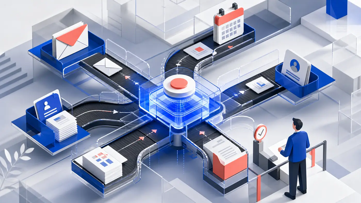 Central transparente encaminhando e-mails, agenda, CRM e documentos por rotas automatizadas com aprovação humana
