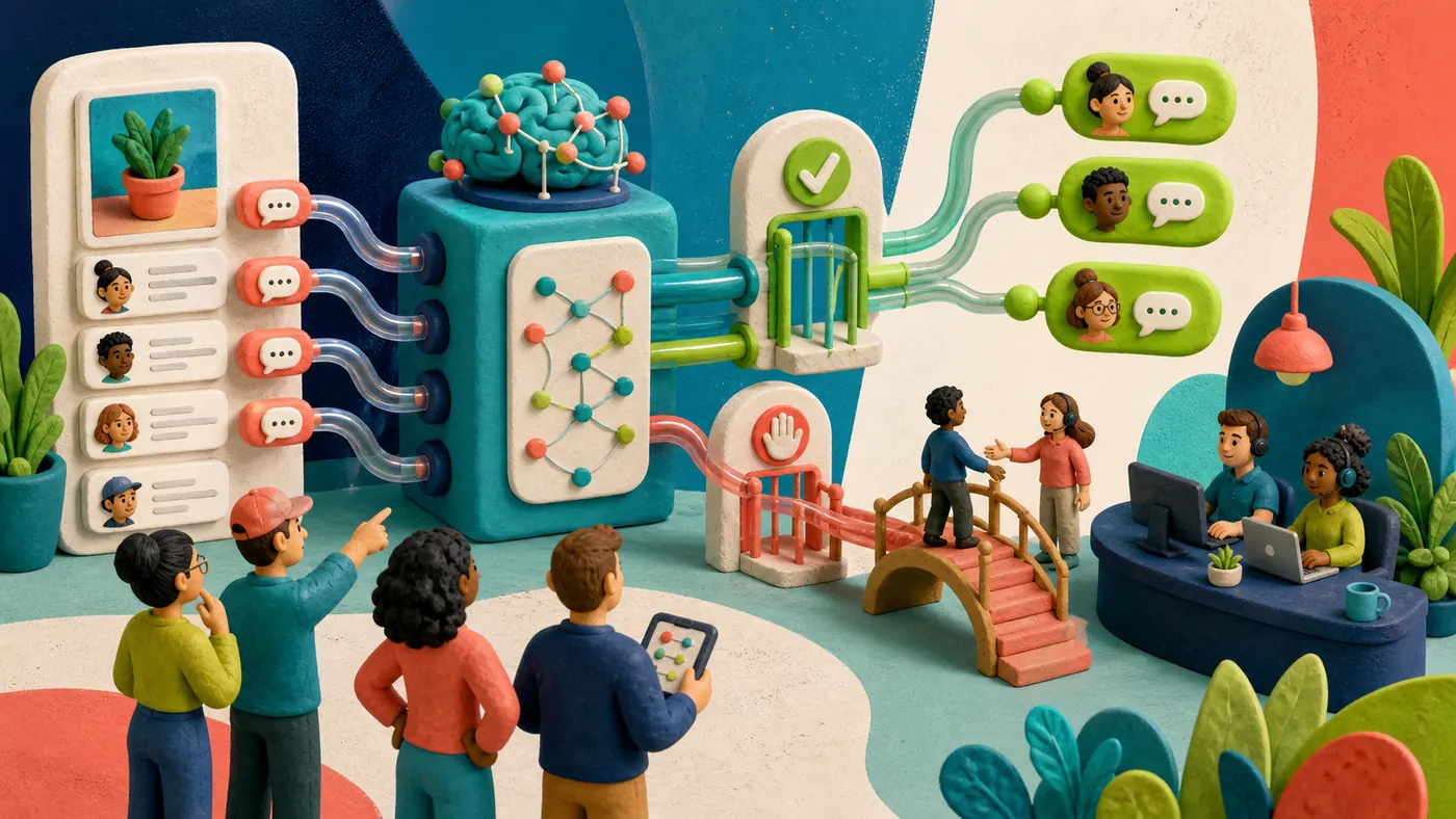 Central de conversas conectando comentários do Instagram e mensagens do WhatsApp a fluxos com revisão humana