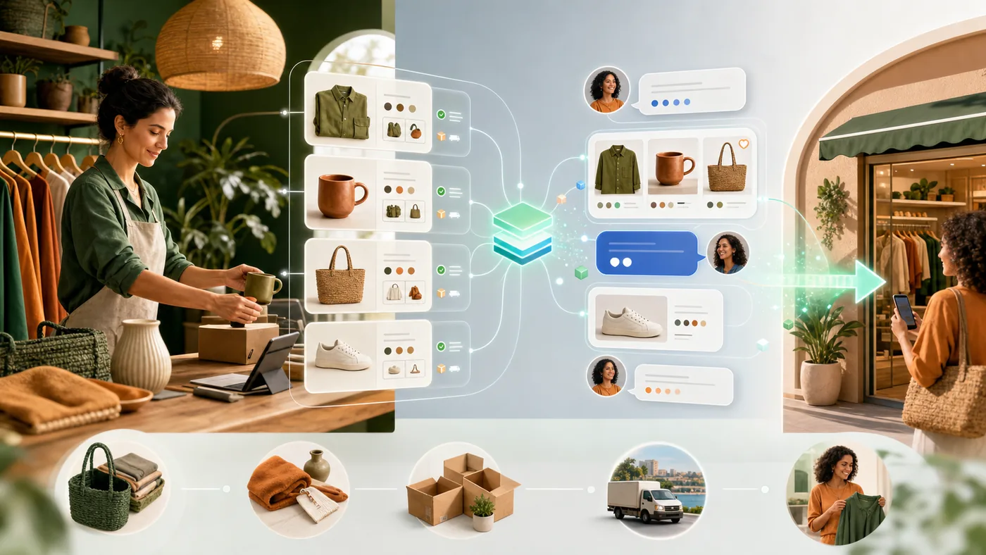 Loja digital organizando catálogo, imagens, estoque e preços para descoberta de produtos em uma conversa com inteligência artificial