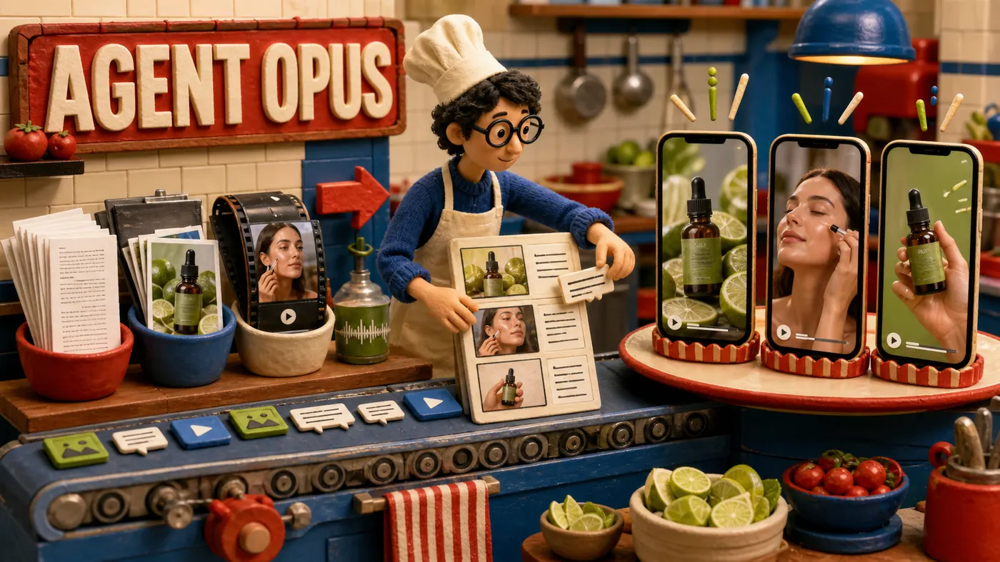 Cozinha de conteúdo do Agent Opus transformando texto, fotos e vídeo longo em storyboards e clipes verticais