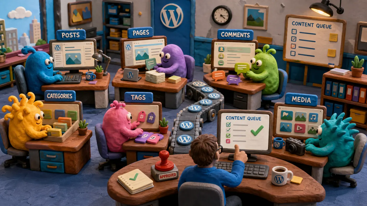 Newsroom em stop-motion com agentes cuidando de posts, páginas, comentários, categorias, tags e mídia no WordPress