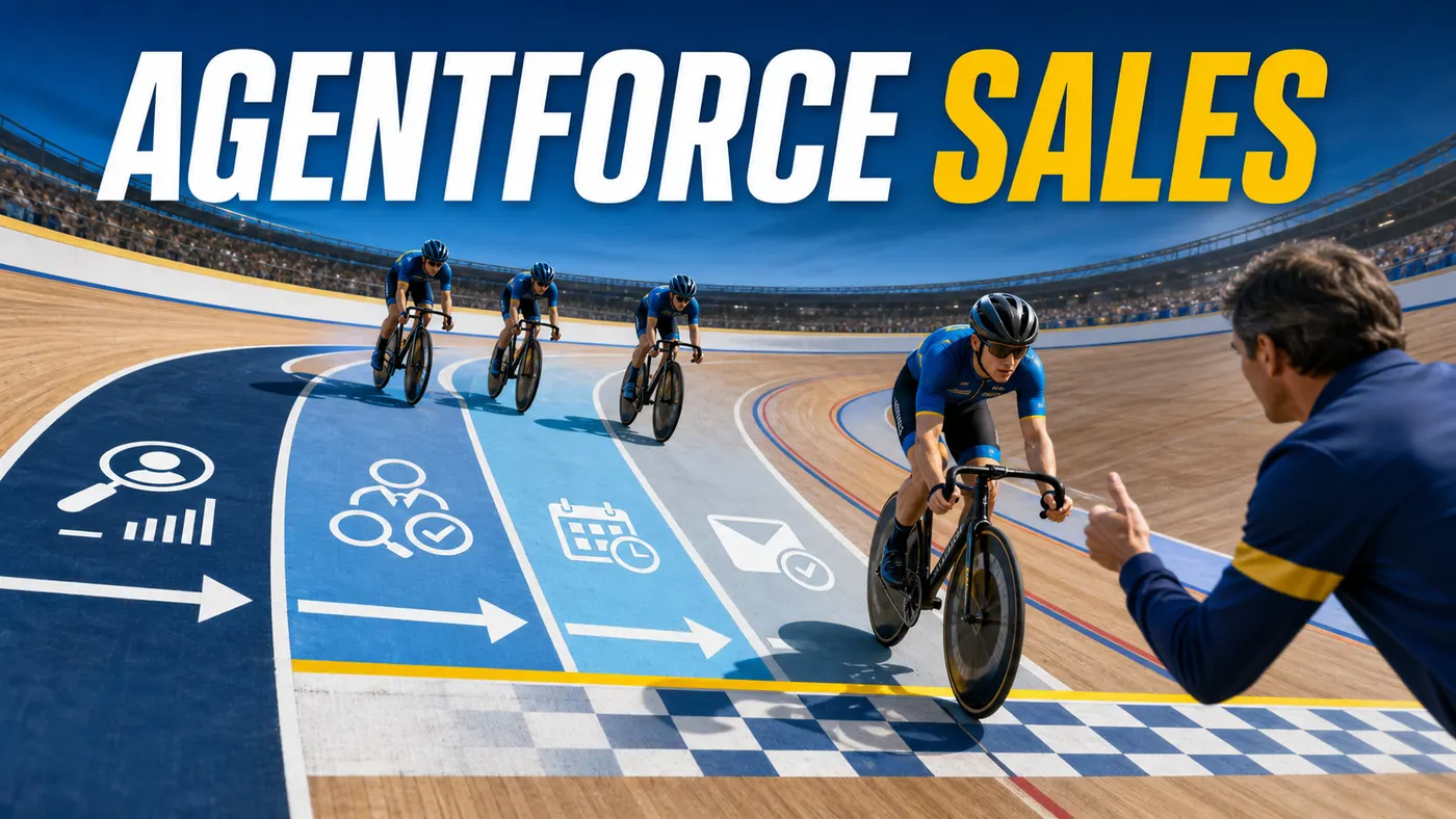 Velódromo do Agentforce Sales mostrando pesquisa, qualificação, reunião e acompanhamento até a aprovação humana