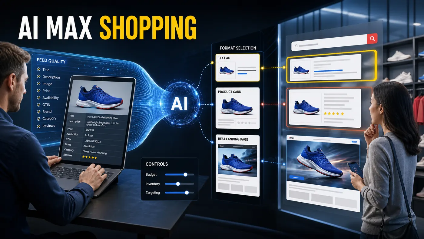 AI Max para Shopping conectando feed de um tênis, seleção de formato, página de destino e controles da campanha