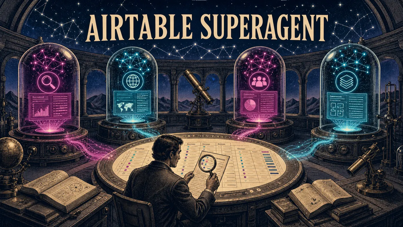 Observatório Airtable Superagent com vários agentes pesquisando fontes e reunindo evidências em uma tabela central