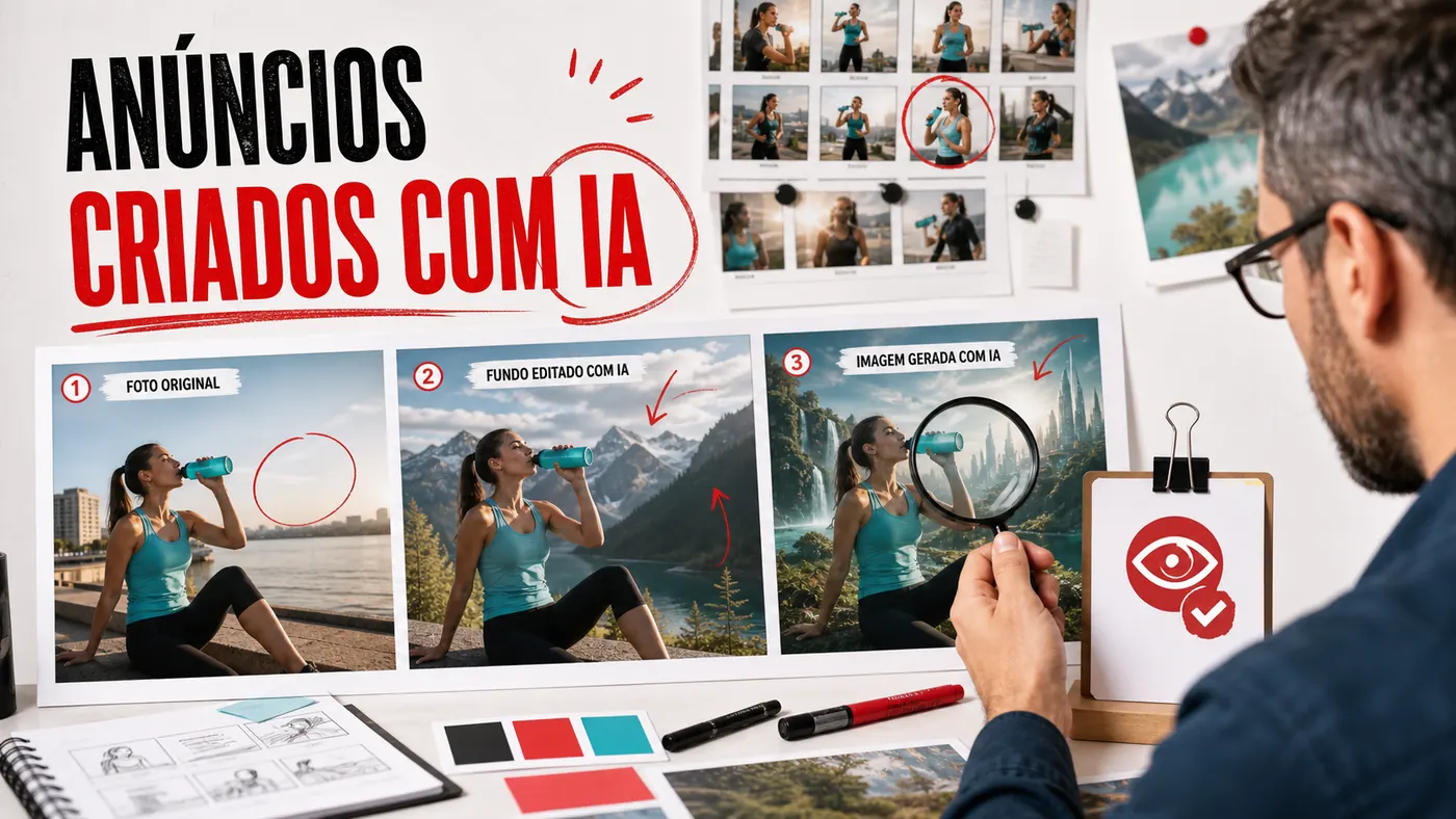 Diretor criativo comparando foto original, fundo editado e imagem gerada para documentar anúncio criado com IA