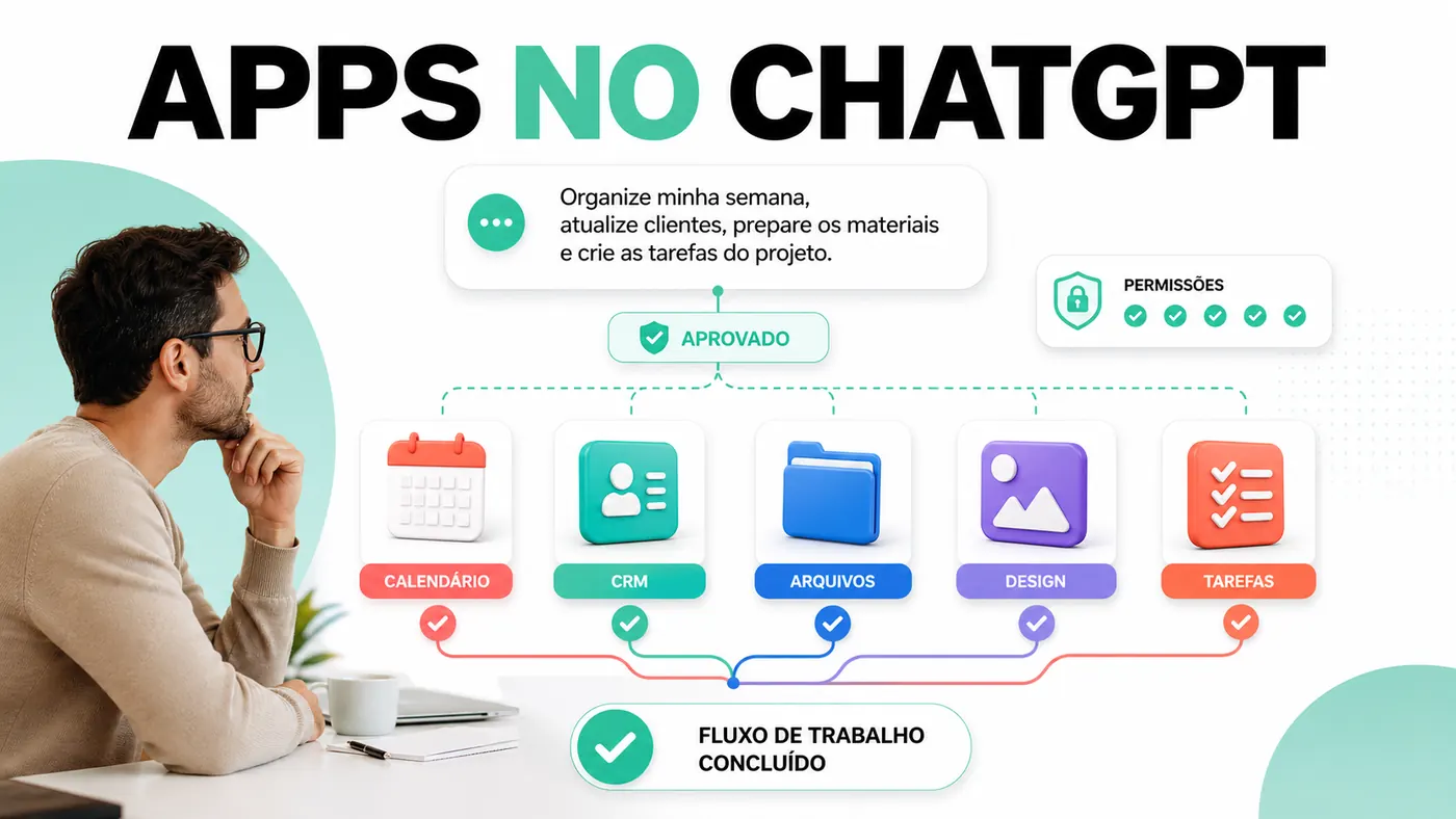 Profissional usando aplicativos no ChatGPT para conectar calendário, CRM, arquivos, design e tarefas em um fluxo aprovado
