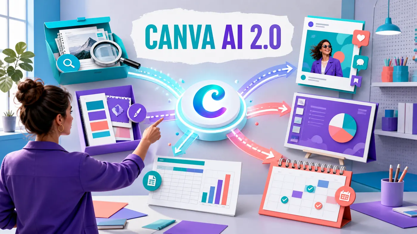 Empreendedora usando Canva AI 2.0 para transformar pesquisa e identidade visual em posts, apresentação, planilha e calendário