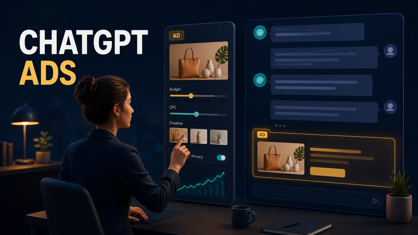 Gestora configurando orçamento, CPC e criativo no ChatGPT Ads, com anúncio claramente separado da conversa