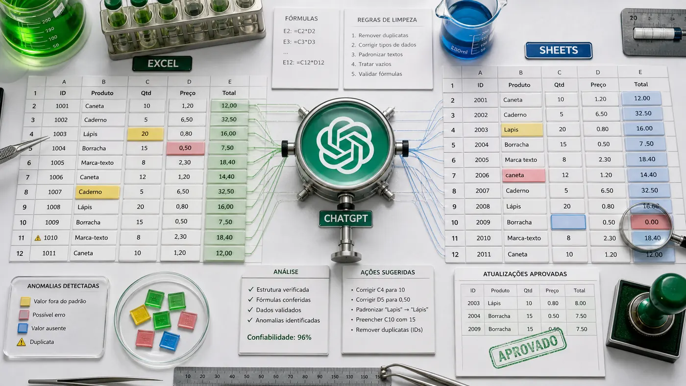 Laboratório de planilhas conectando Excel e Google Sheets ao ChatGPT para localizar anomalias e aprovar atualizações