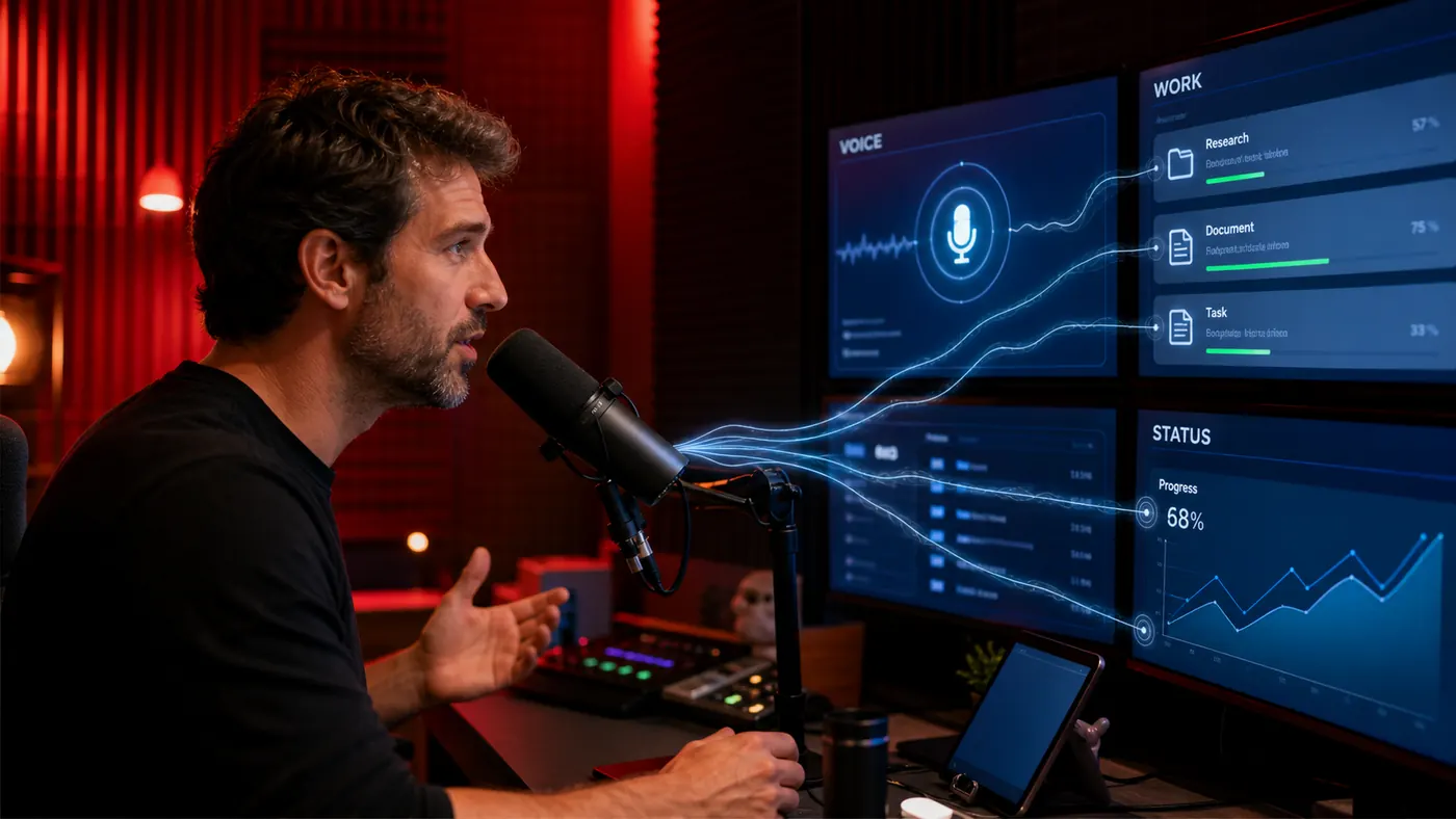 Profissional em estúdio de voz coordenando pesquisa, documento e tarefas do ChatGPT por ondas de áudio