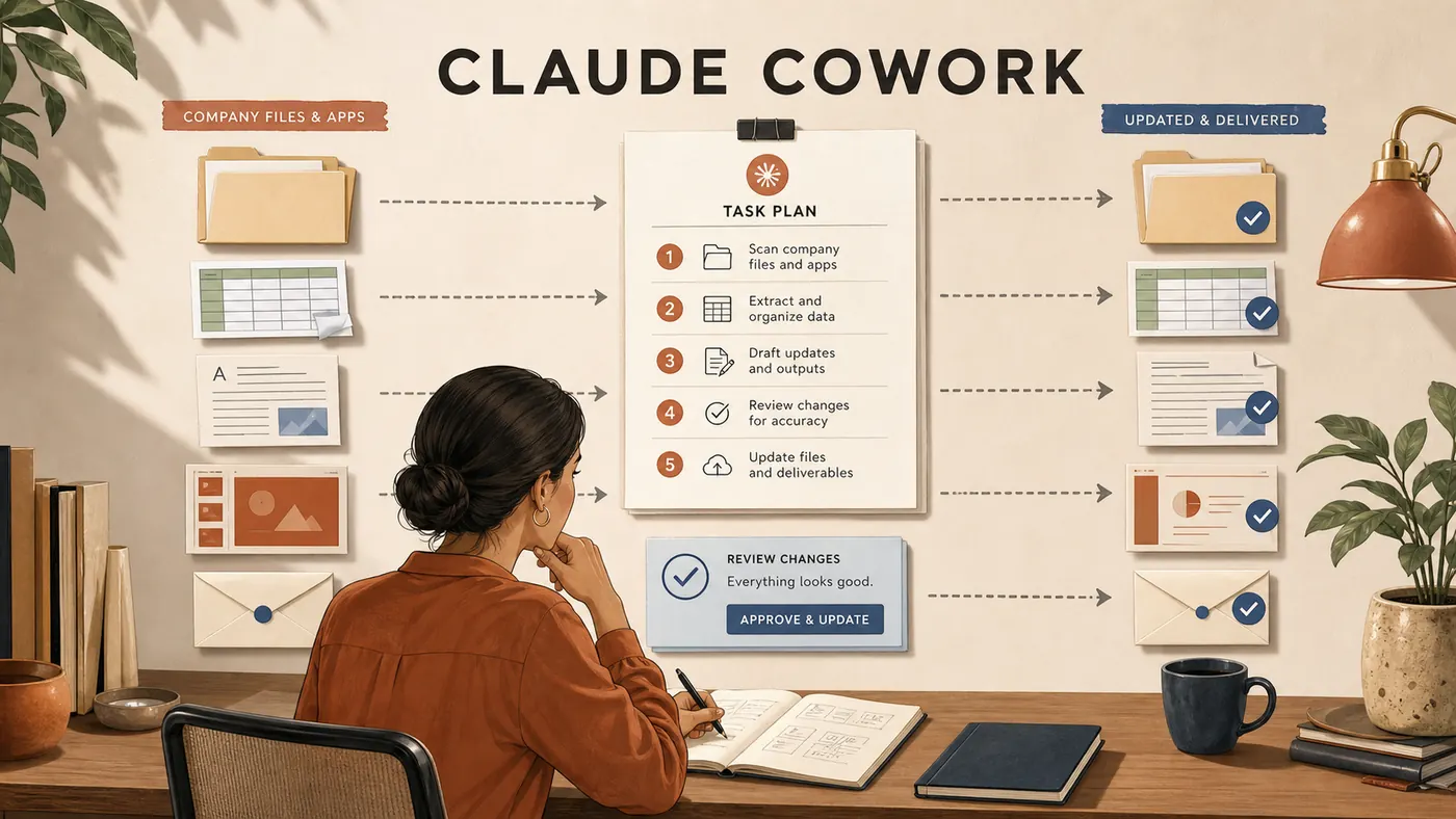 Profissional usando Claude Cowork para analisar arquivos, executar um plano e atualizar documentos após aprovação