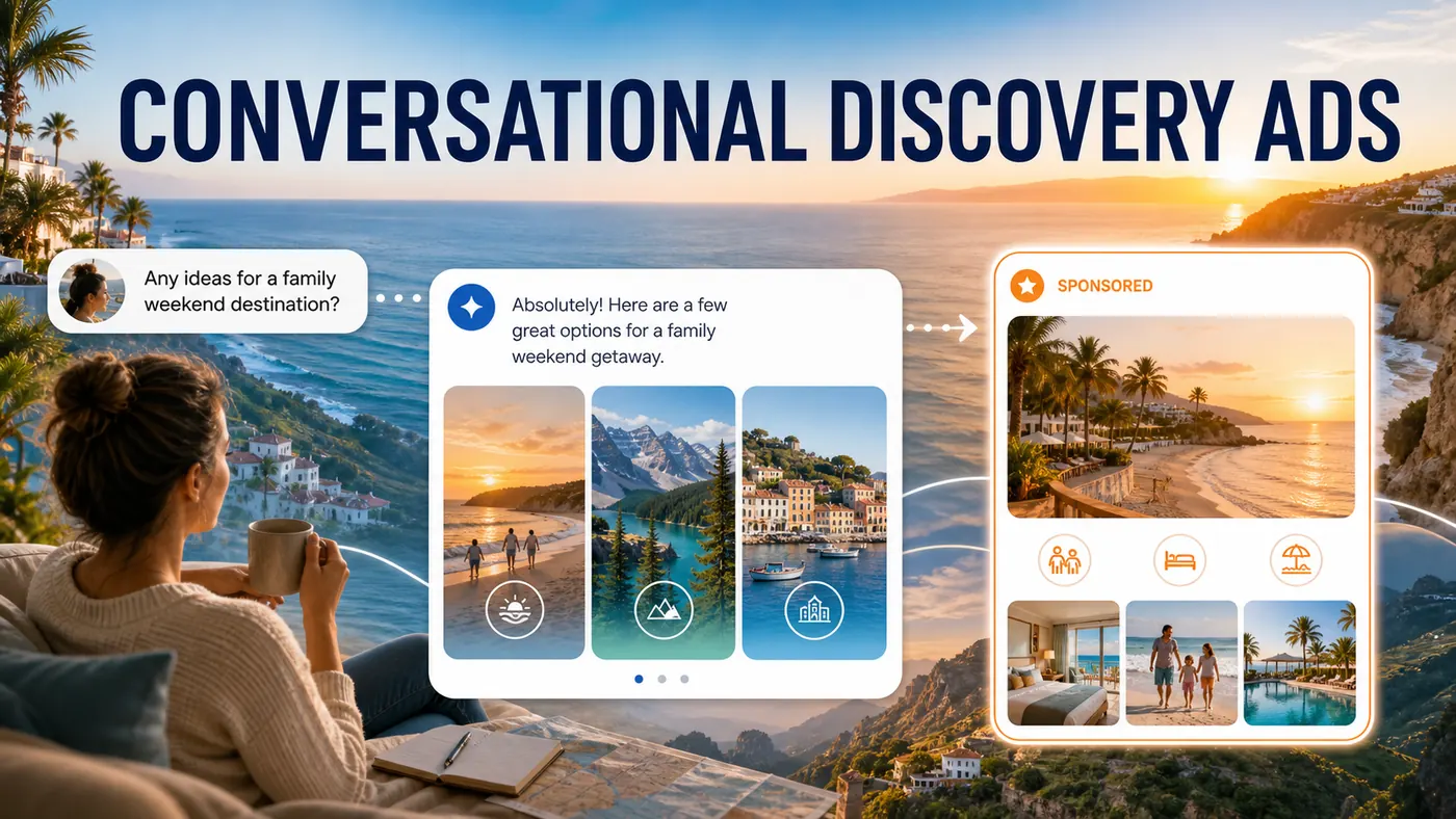 Planejamento de viagem com resposta de IA e cartão patrocinado claramente identificado em Conversational Discovery Ads