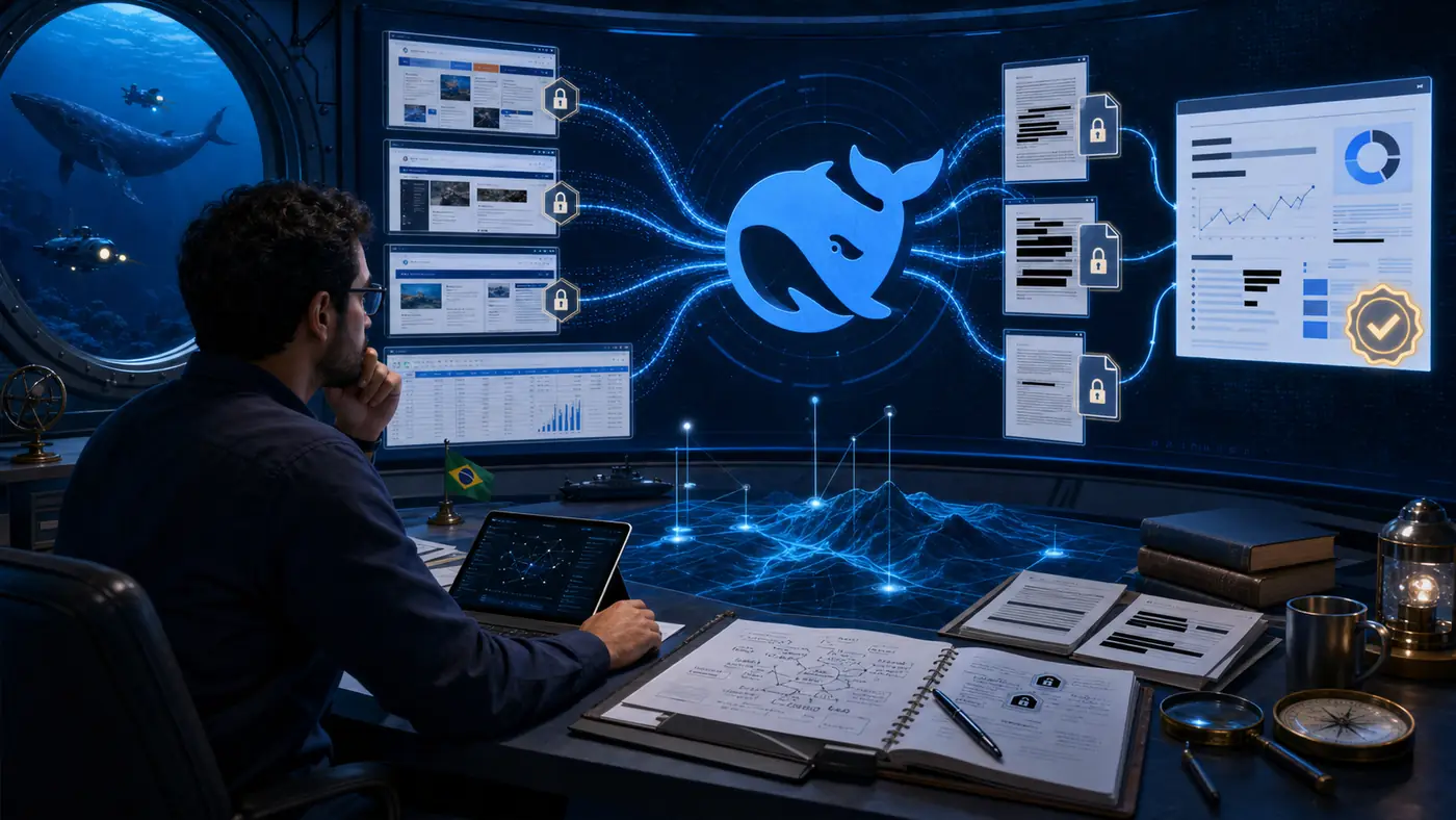 Analista usando DeepSeek para reunir páginas, planilhas e documentos protegidos em um relatório verificado