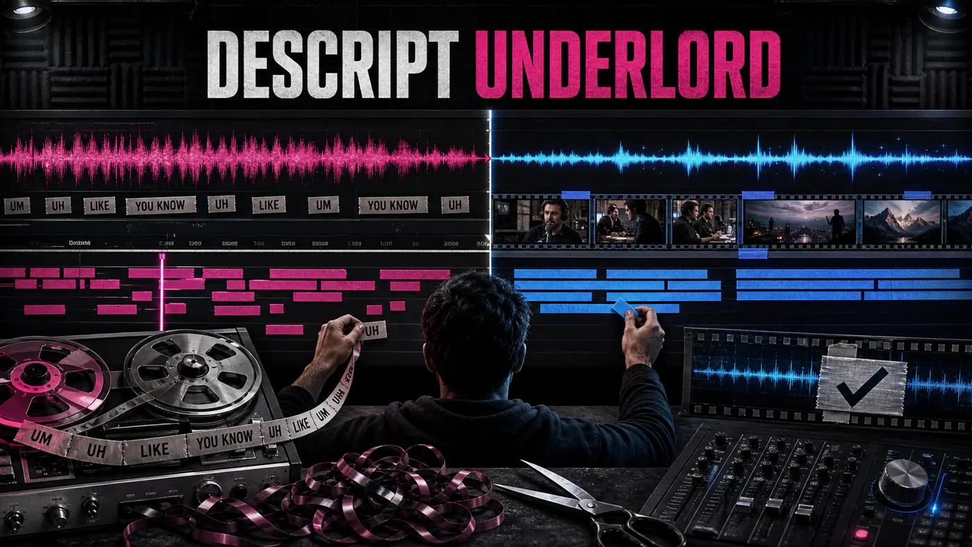 Suíte de edição do Descript Underlord cortando fita, transcrição, pausas e clipes de vídeo e podcast