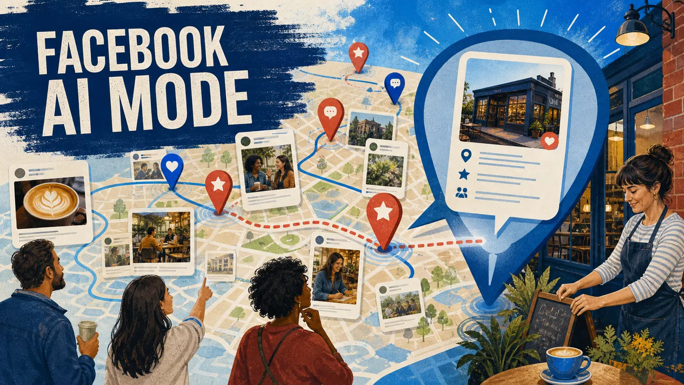 Cafeteria sendo descoberta no Facebook AI Mode por informações locais, publicações, avaliações e conversas públicas da comunidade