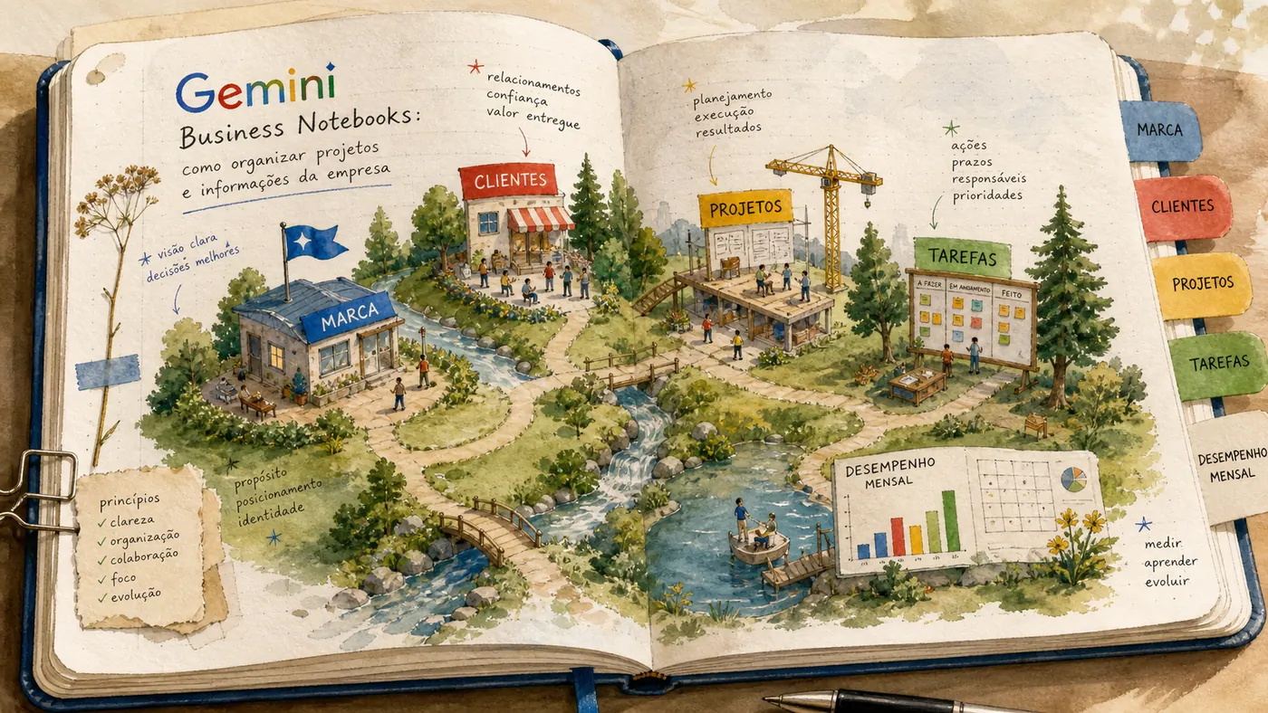Caderno ilustrado do Gemini Business Notebooks organizando marca, clientes, projetos e tarefas em um mapa empresarial