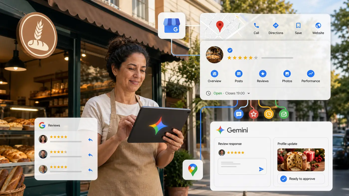 Dona de padaria usando Gemini para analisar avaliações e atualizar seu Perfil da Empresa no Google