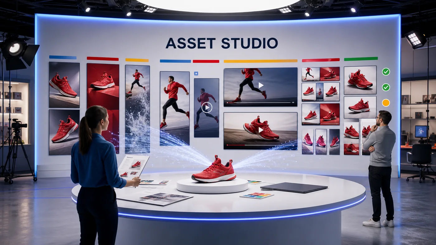 Equipe usando Google Ads Asset Studio para transformar um tênis vermelho em imagens e vídeos de vários formatos com revisão e testes