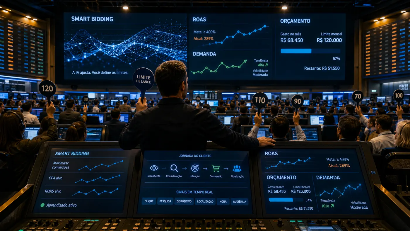 Pregão controlado do Google Ads com Smart Bidding, jornada de conversão, tolerância de ROAS e orçamento limitado