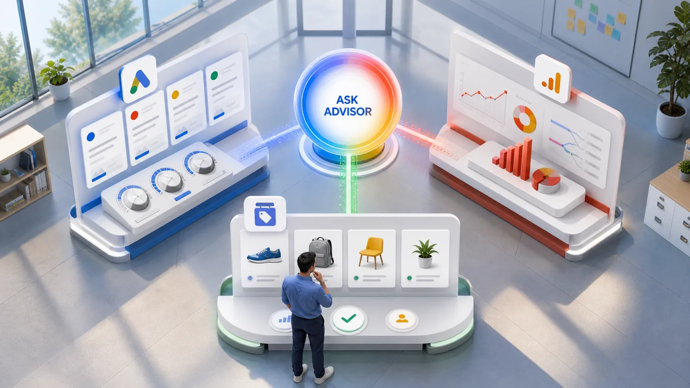 Profissional usando Google Ask Advisor para conectar campanhas, análises e catálogo de produtos em uma central de marketing