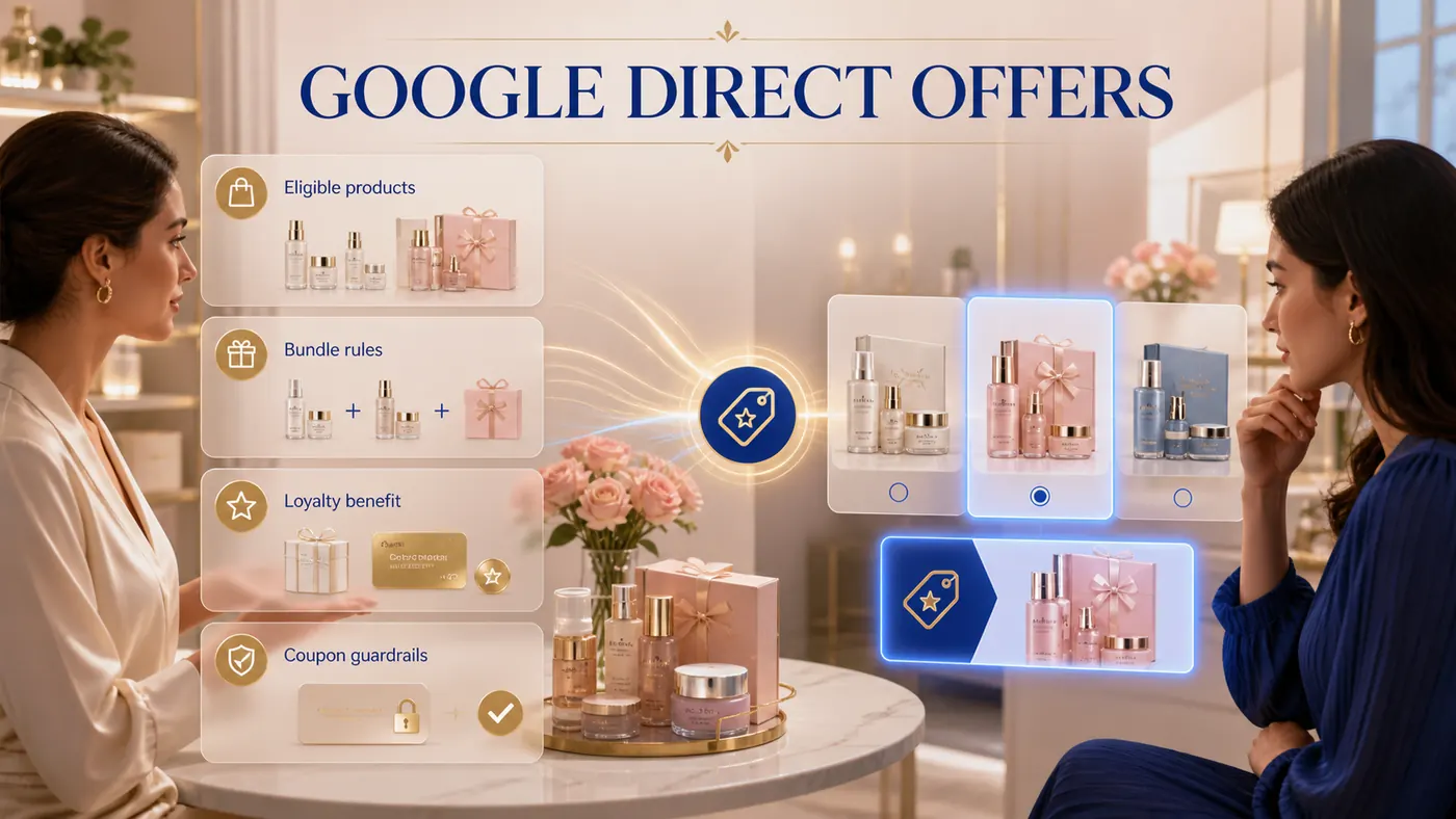 Google Direct Offers conectando produtos elegíveis, kits, benefício de fidelidade e regras de cupom à decisão de uma compradora