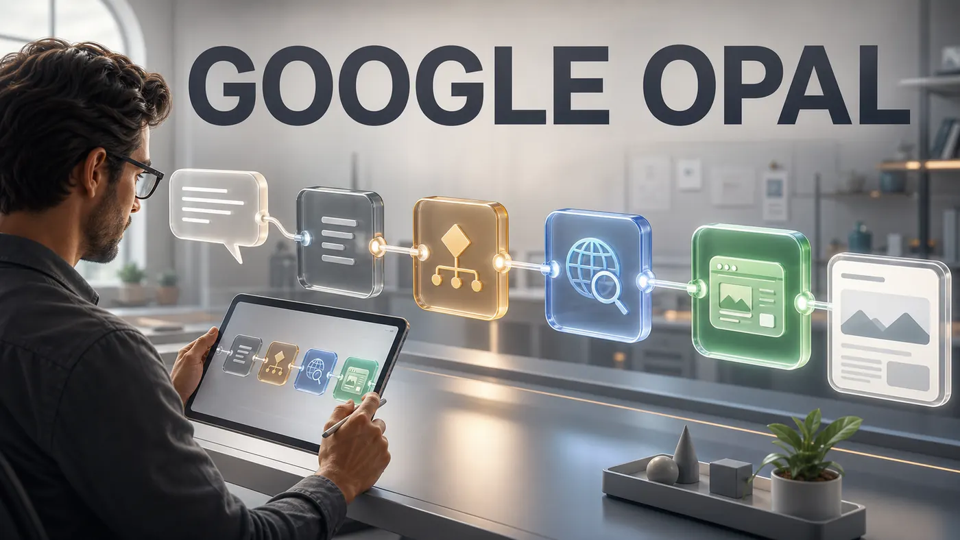 Empresário montando no Google Opal um fluxo visual de entrada, decisão, pesquisa e saída para criar um miniaplicativo sem código