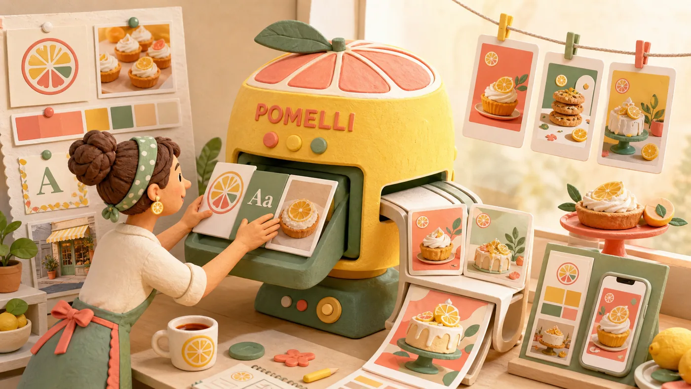 Empreendedora usando Google Pomelli para transformar identidade visual e fotos de uma confeitaria em campanhas coerentes para vários canais