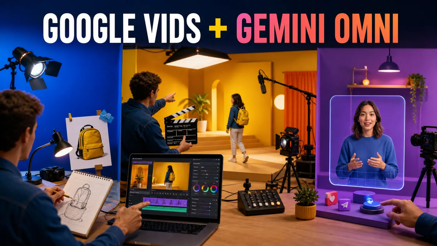 Set de filmagem do Google Vids com Gemini Omni criando roteiro, cenas, edição e avatar pessoal