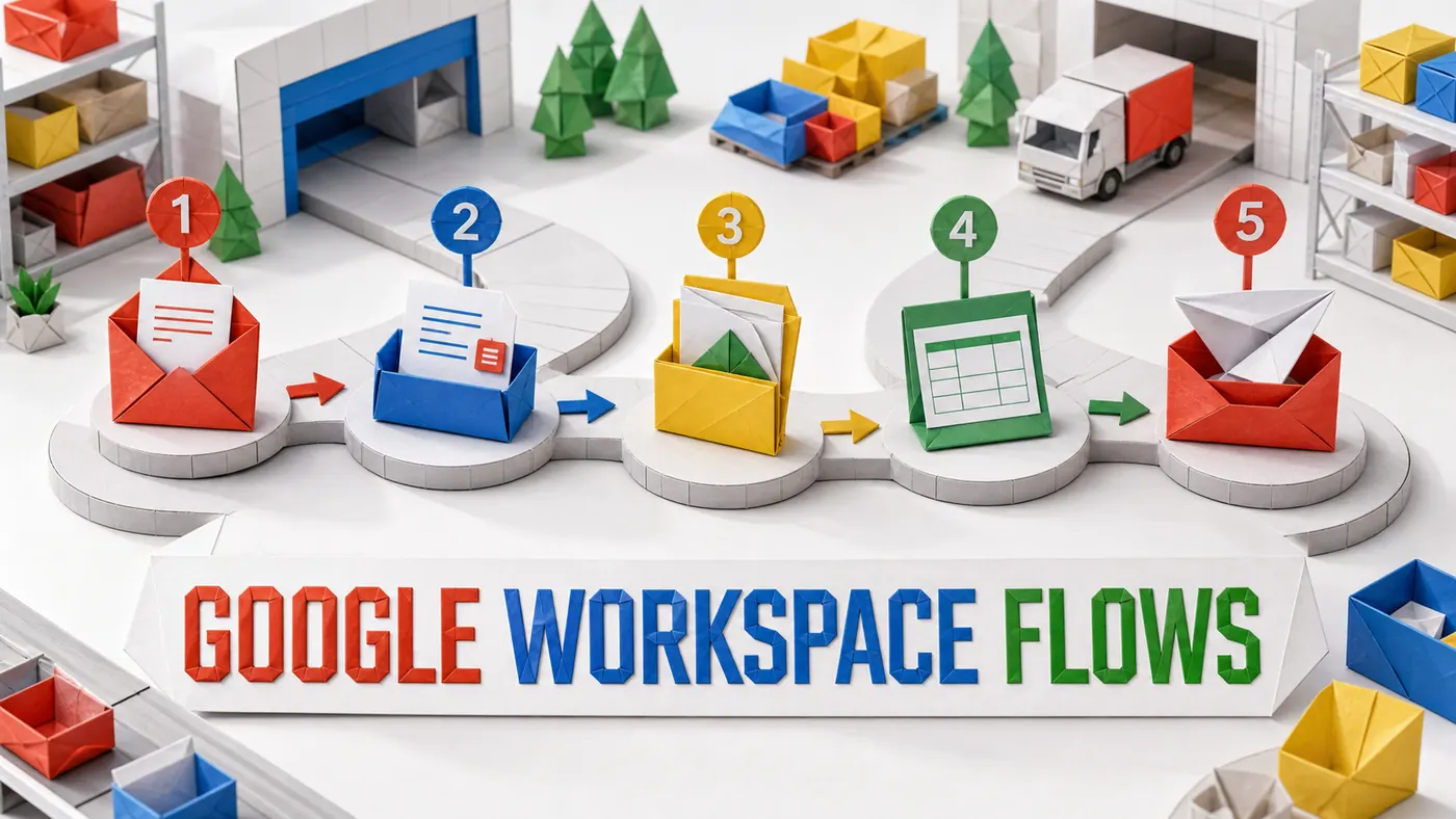 Linha de origami do Google Workspace Flows levando e-mail, documento, pasta e planilha até uma aprovação