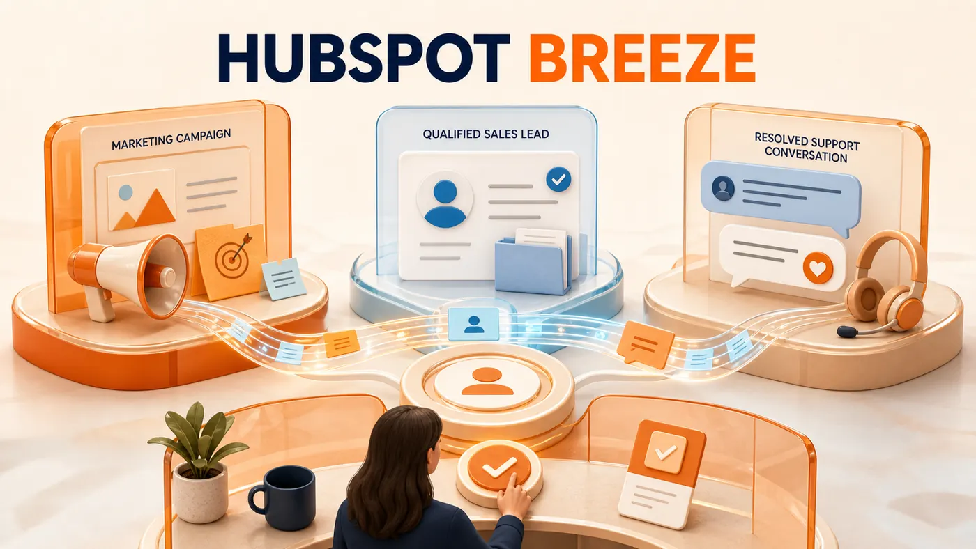 Central HubSpot Breeze com agentes de marketing, qualificação de vendas e suporte conectados ao CRM e à aprovação humana