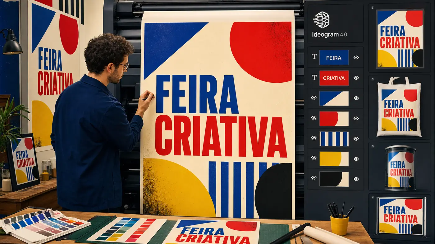 Designer usando o Ideogram 4.0 para criar cartaz com o texto Feira Criativa e camadas tipográficas editáveis