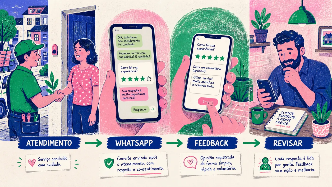 Fluxo ilustrado mostrando atendimento concluído, convite de pesquisa no WhatsApp, feedback do cliente e revisão humana