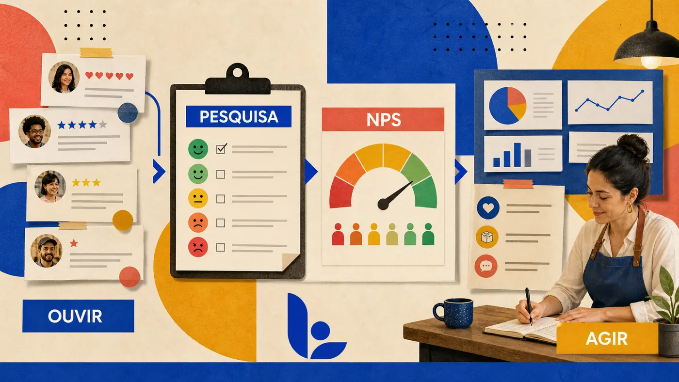 Painel de pesquisa, NPS e feedback de clientes sendo transformado em ações por uma pequena empresária