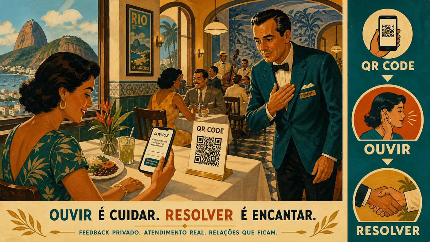 Cliente em restaurante usando QR Code para enviar feedback privado enquanto gerente prepara atendimento cuidadoso
