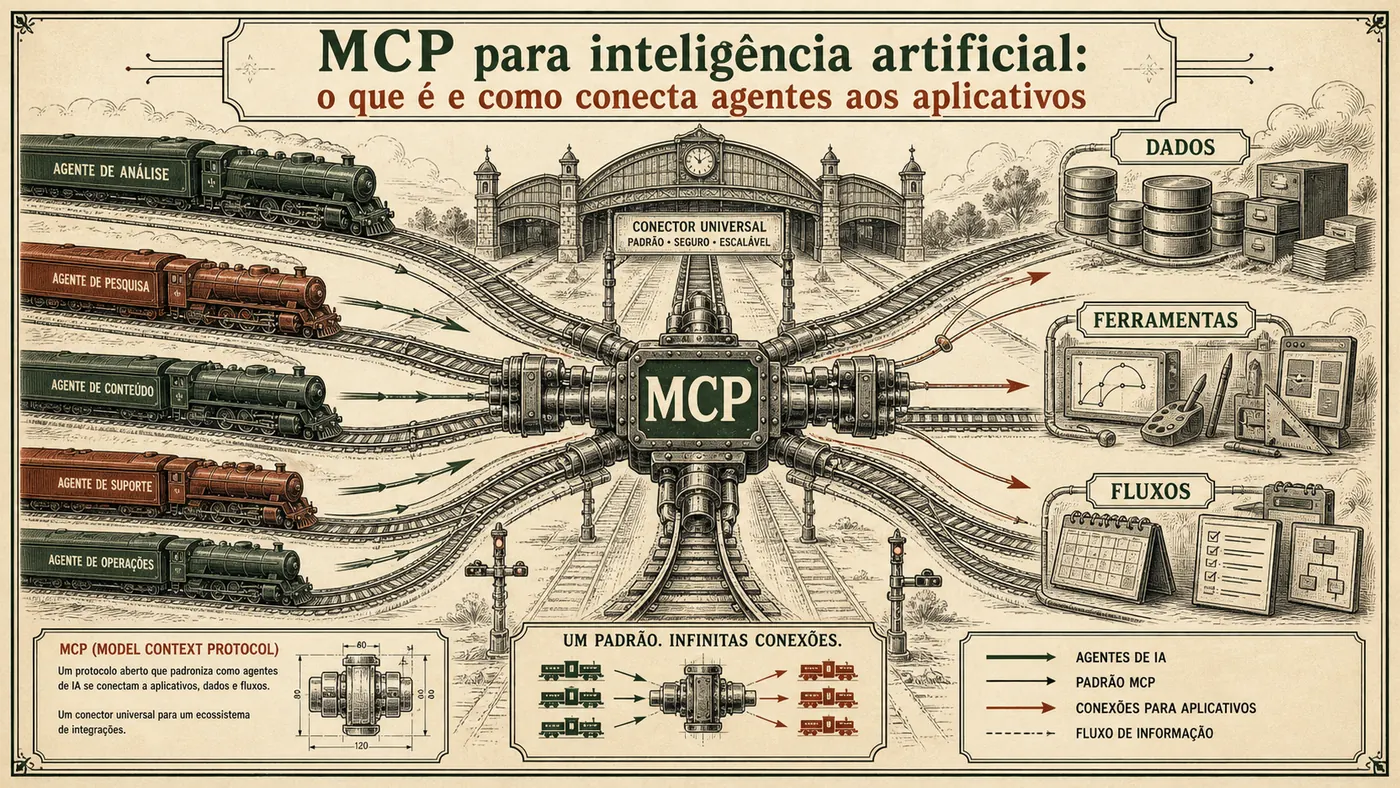 Mapa ferroviário técnico mostrando um conector MCP central ligando agentes de IA a dados, ferramentas e fluxos