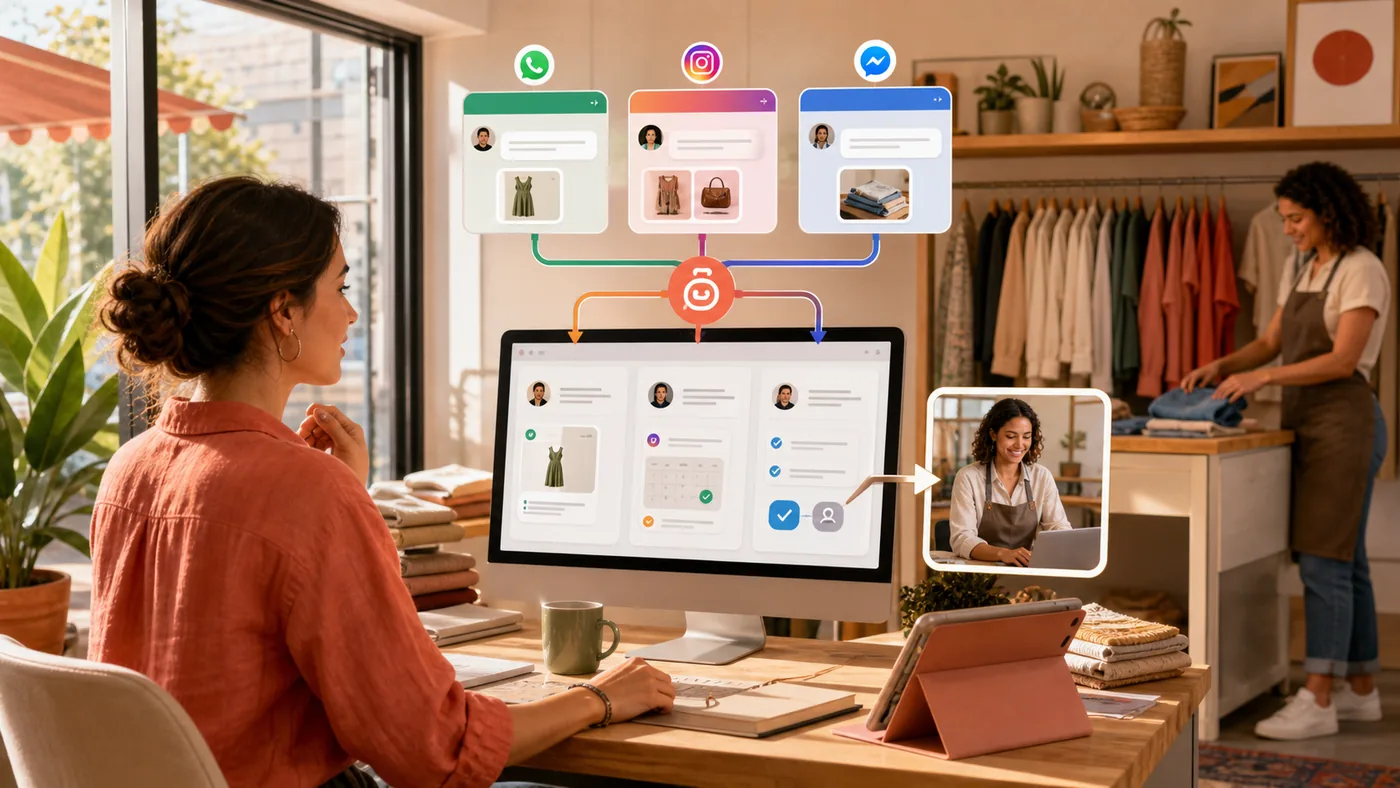 Proprietária de loja usando Meta Business Agent para organizar conversas do WhatsApp, Instagram e Messenger com transferência humana