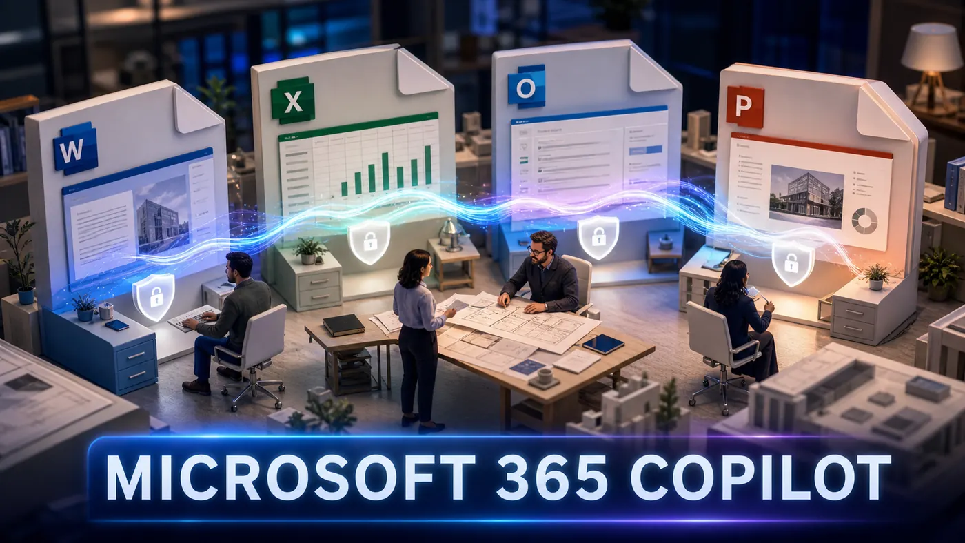 Escritório modular conectando Word, Excel, Outlook e PowerPoint ao Microsoft 365 Business com Copilot