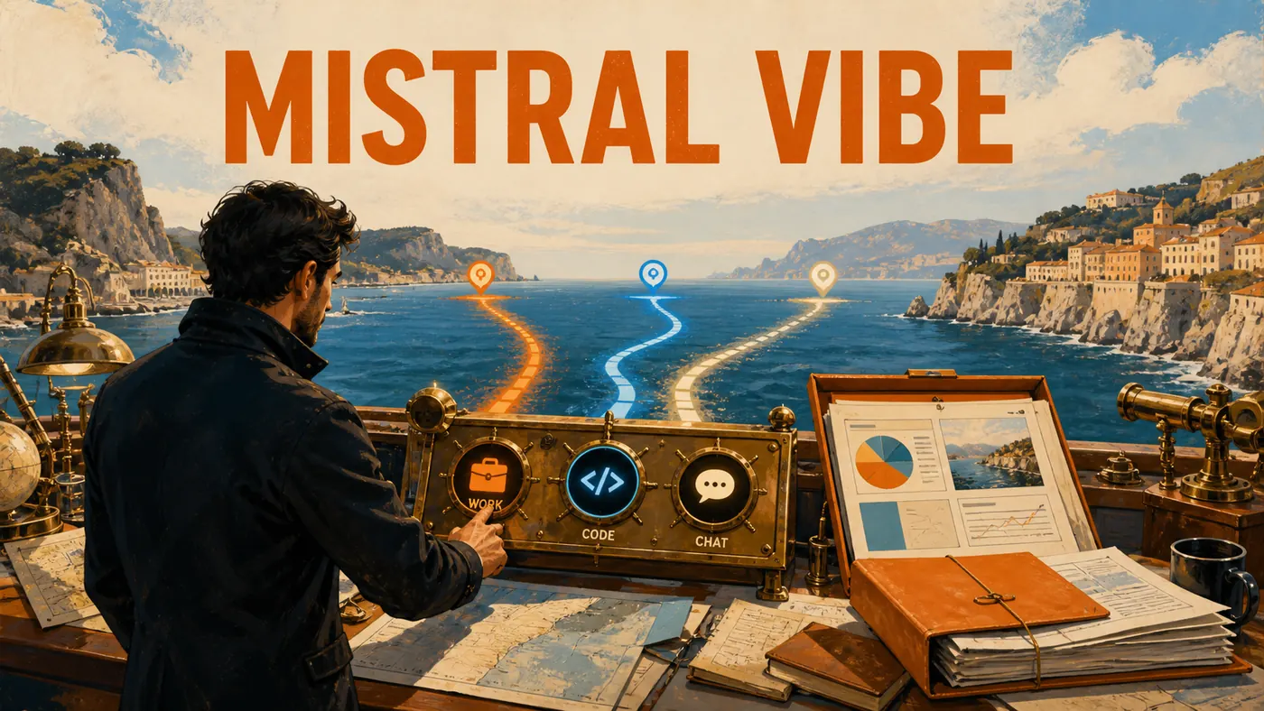 Sala de navegação mediterrânea do Mistral Vibe com rotas Work, Code e Chat para tarefas profissionais