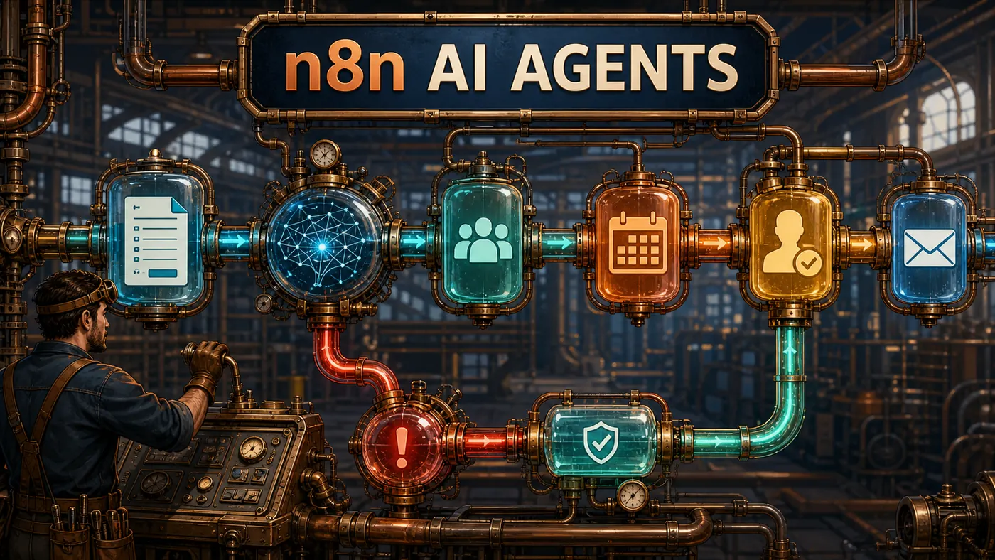 Oficina industrial do n8n conectando formulário, agente de IA, CRM, calendário, e-mail e aprovação humana