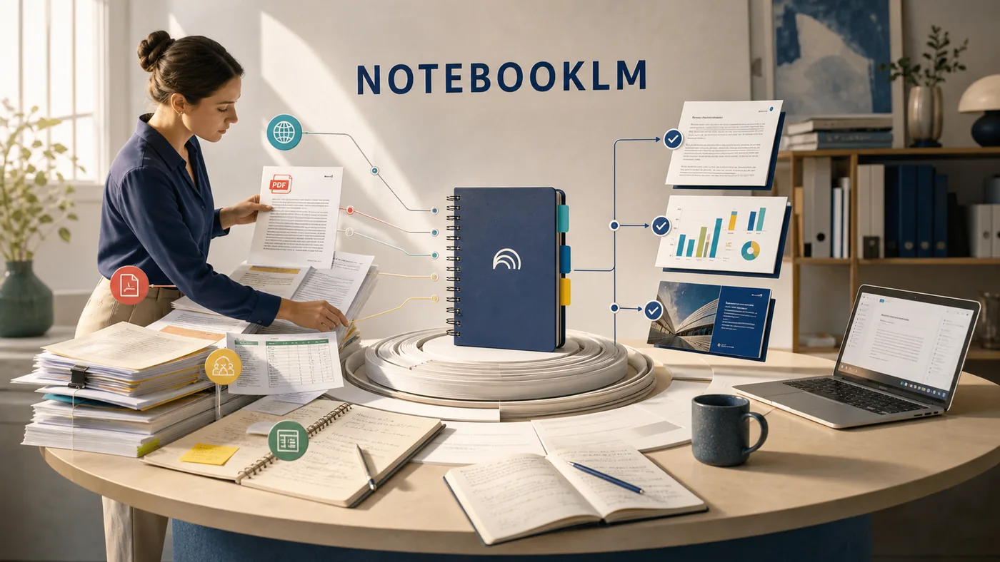 Analista usando NotebookLM para transformar PDFs, planilhas e fontes da web em relatório, gráfico e apresentação com citações verificáveis