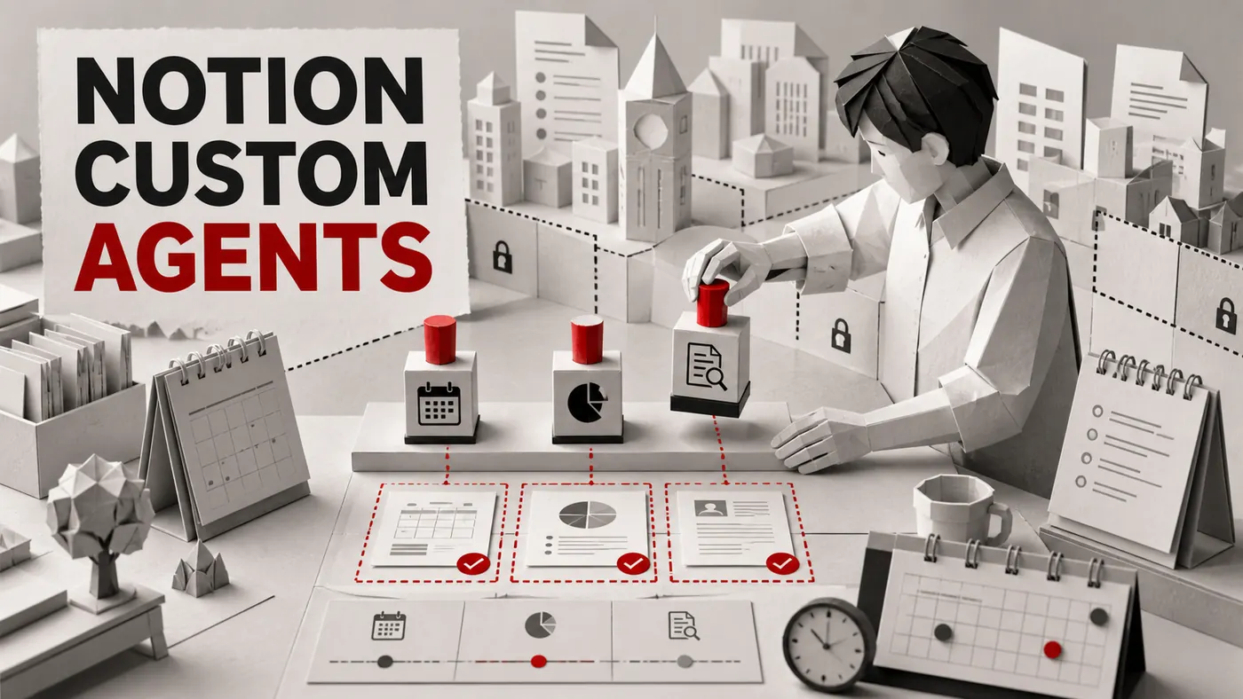Cidade de papel do Notion com agentes personalizados organizando projetos, tarefas, prazos e aprovações